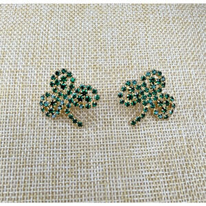 Vintage Shamrock Clover Green Prong Set Rhinestone Earrings St Patricks